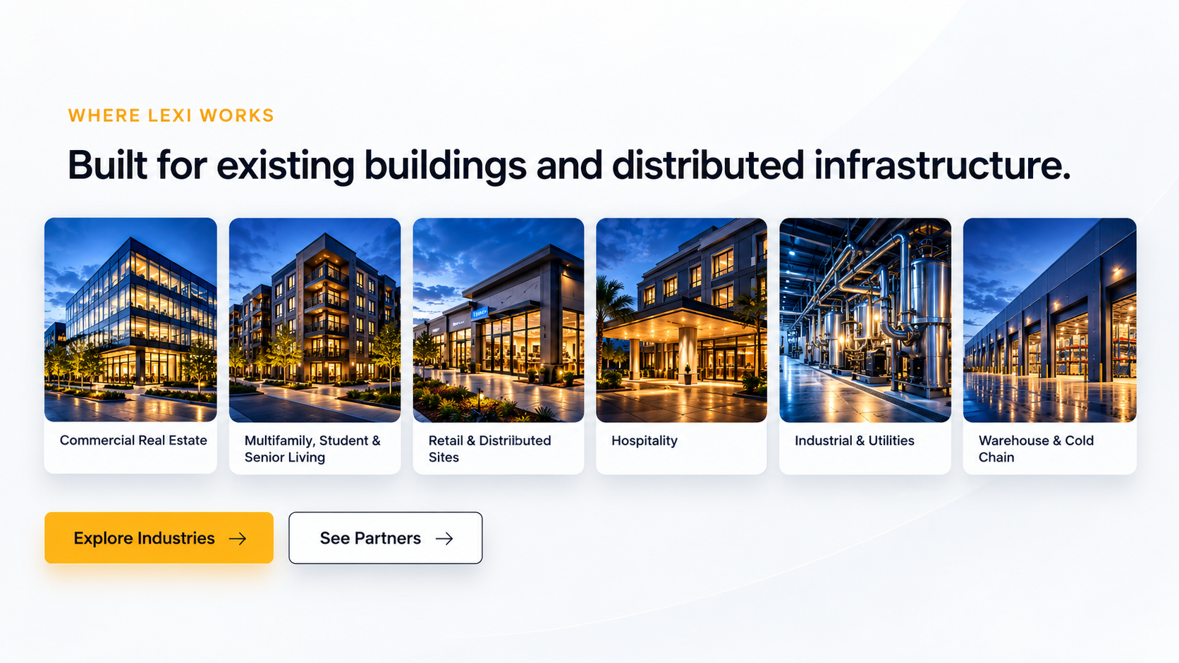 Where LEXI works: built for existing buildings and distributed infrastructure — commercial real estate; multifamily, student and senior living; retail and distributed sites; hospitality; industrial and utilities; warehouse and cold chain.