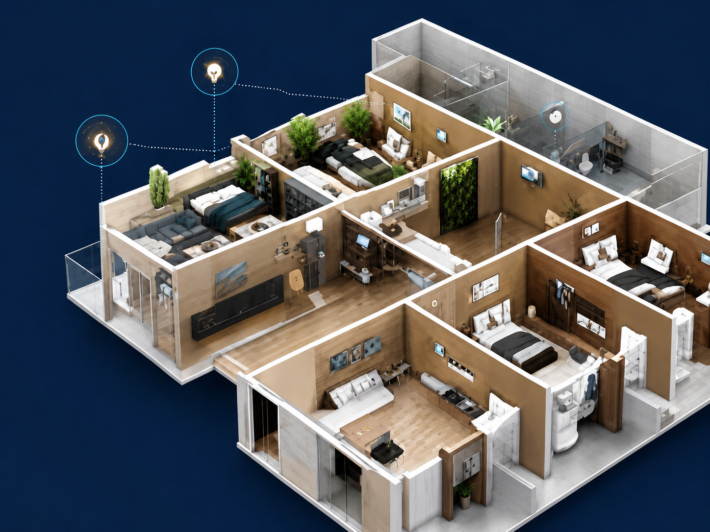 Isometric hotel floor showing guest rooms, common areas and connected building systems for room HVAC optimization
