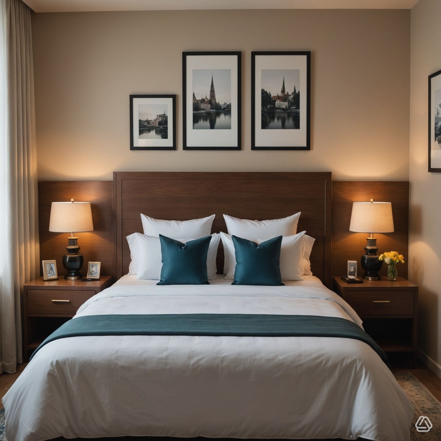 Hotel guest room with a made bed, bedside lamps and framed artwork