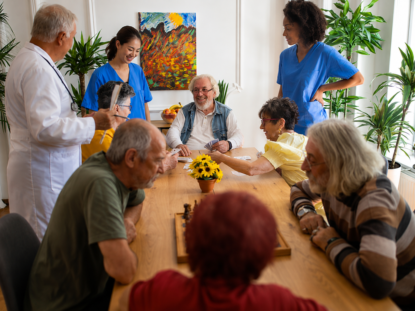 Older adults talking in a senior living community common room