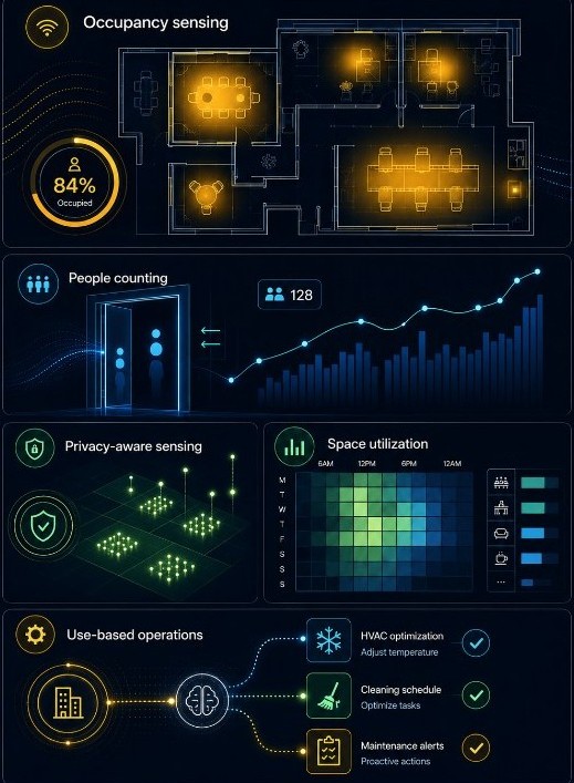 Occupancy sensing, people counting, privacy-aware sensing, space utilization and use-based operations visual