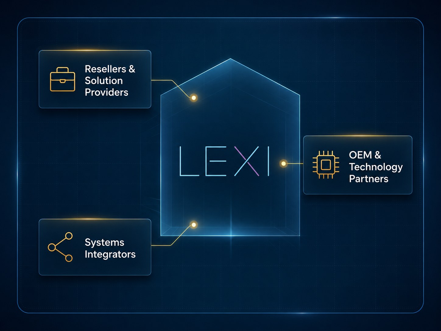LEXI partner programs ecosystem showing Resellers & Solution Providers, Systems Integrators, and OEM & Technology Partners connected to LEXI