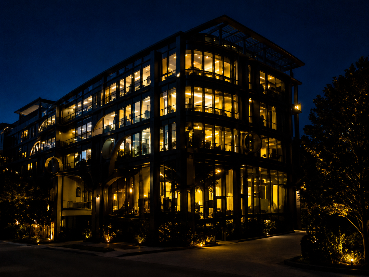 Commercial building illuminated at night