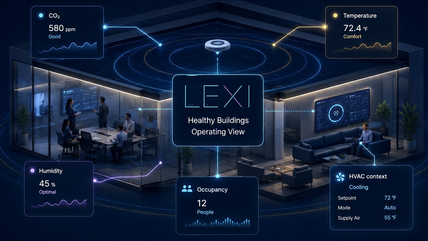 LEXI Healthy Buildings operating view showing CO2, temperature, humidity, occupancy and HVAC context across connected indoor spaces