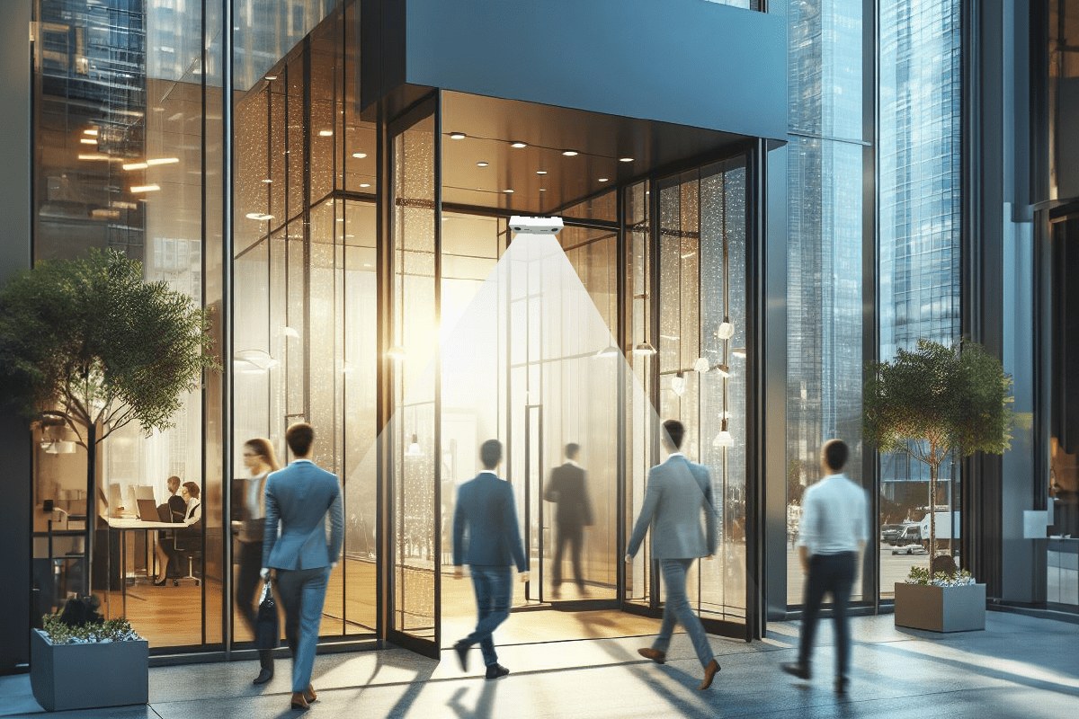 Modern building interior with occupancy and people-counting overlays showing entrances, rooms and zones.