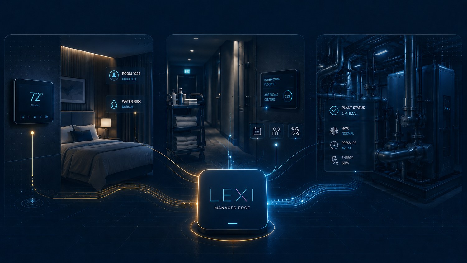 Hotel guest room, housekeeping corridor and mechanical plant connected through the LEXI managed edge.